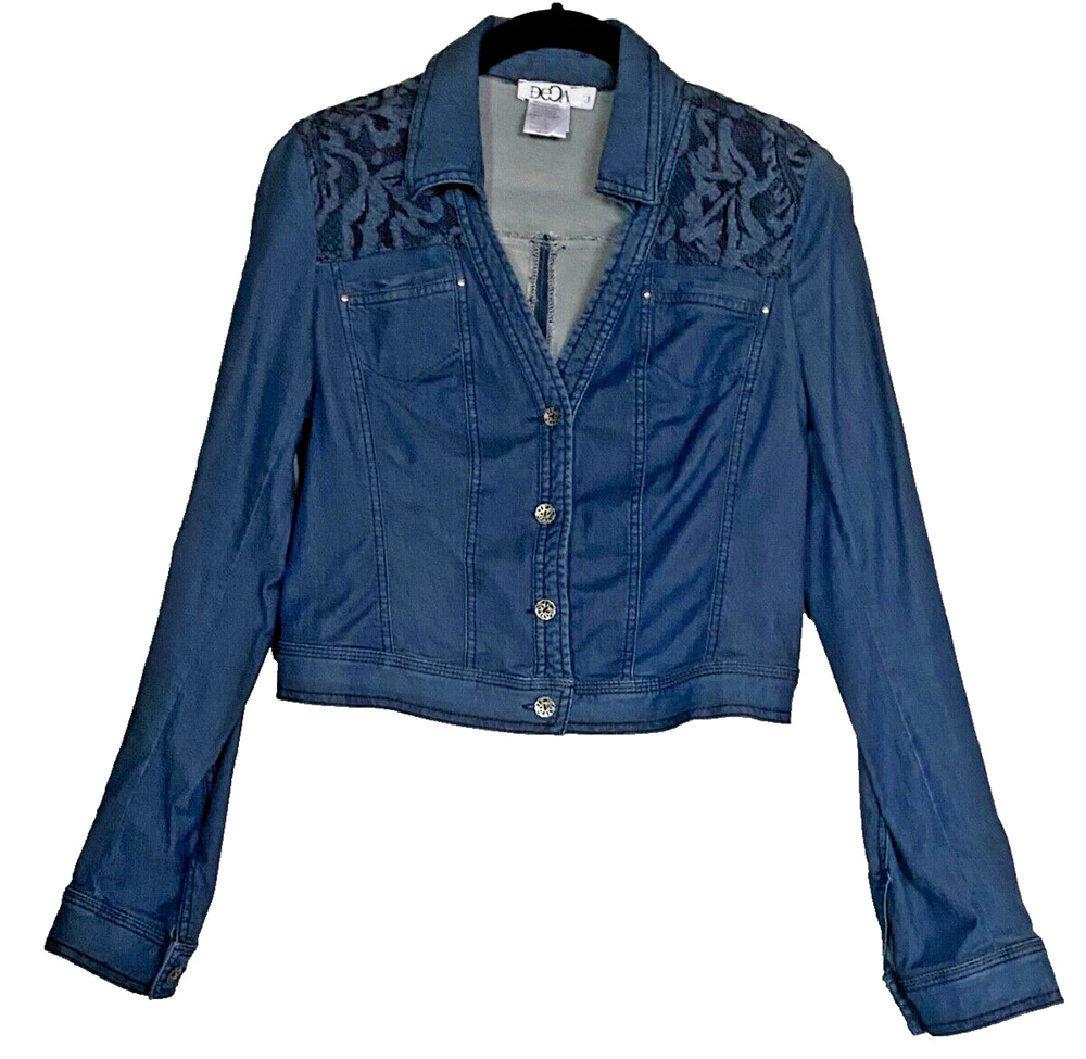 DECA PARIS "TAMMY" Denim Blue Jean Moto Jacket Embroidered Lace 1 XS S 6 36 NWT
